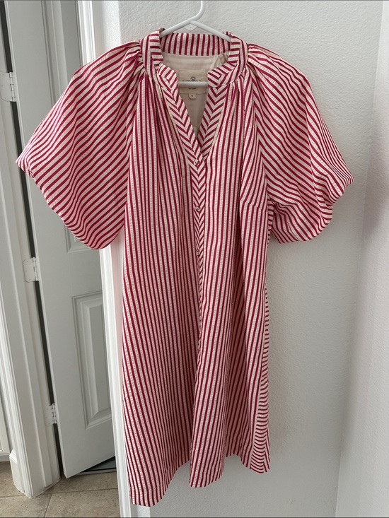 Umgee Dresses & Skirts - UMGEE Pink and White Striped Puff-Sleeve Women's Dress